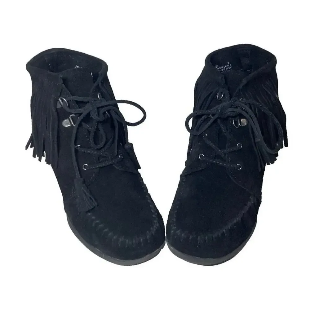 MINNETONKA Womens Black Suede Fringe WEDGE Booties Size 8.5 LACE Up